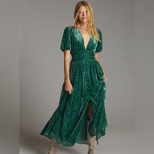 NWOT Anthropologie Puff-Sleeved Burnout Velvet Maxi Dress Size 2